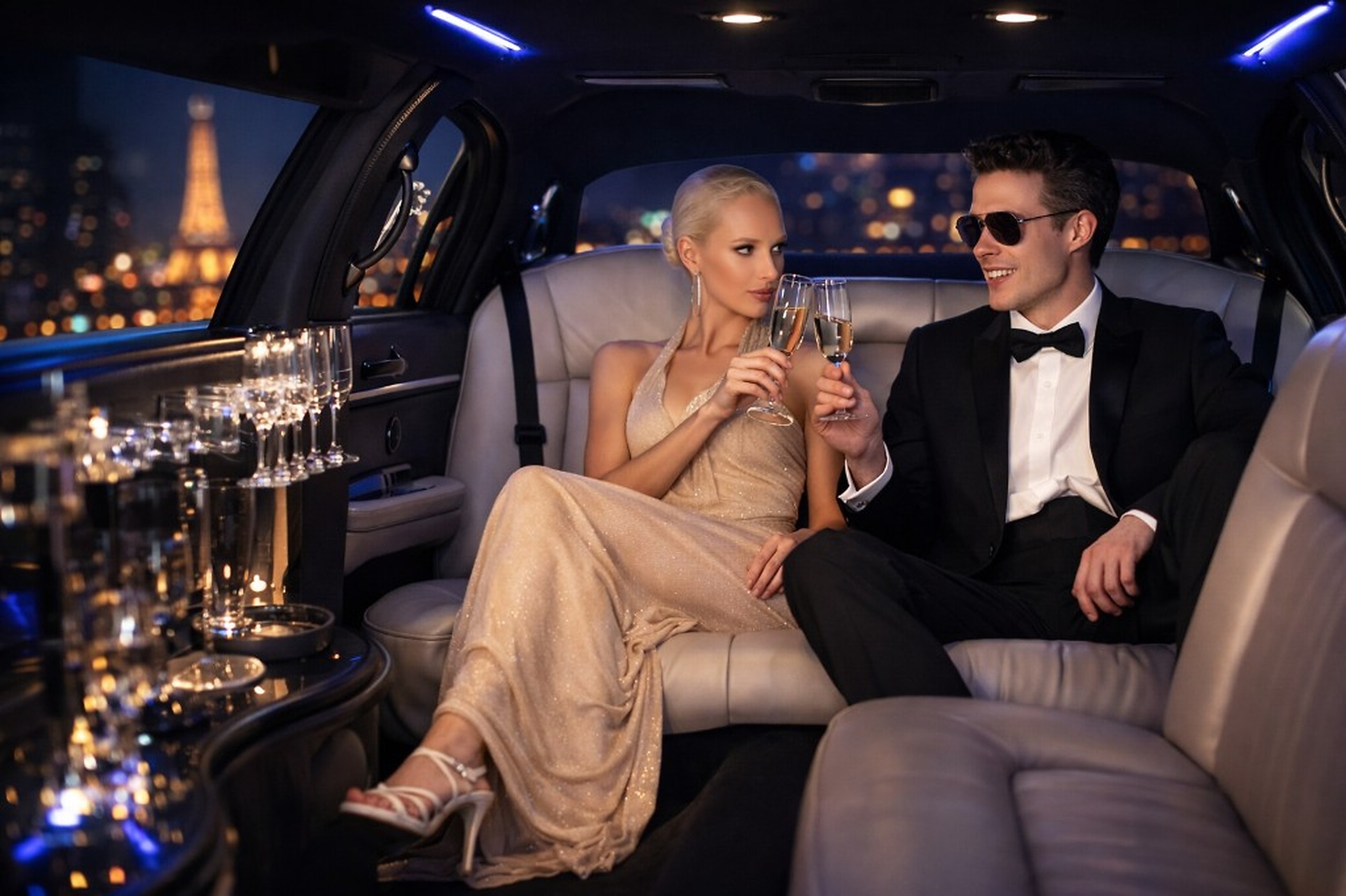 Couple en tenue de soirée trinquant au champagne à bord de la limousine, Tour Eiffel en fond